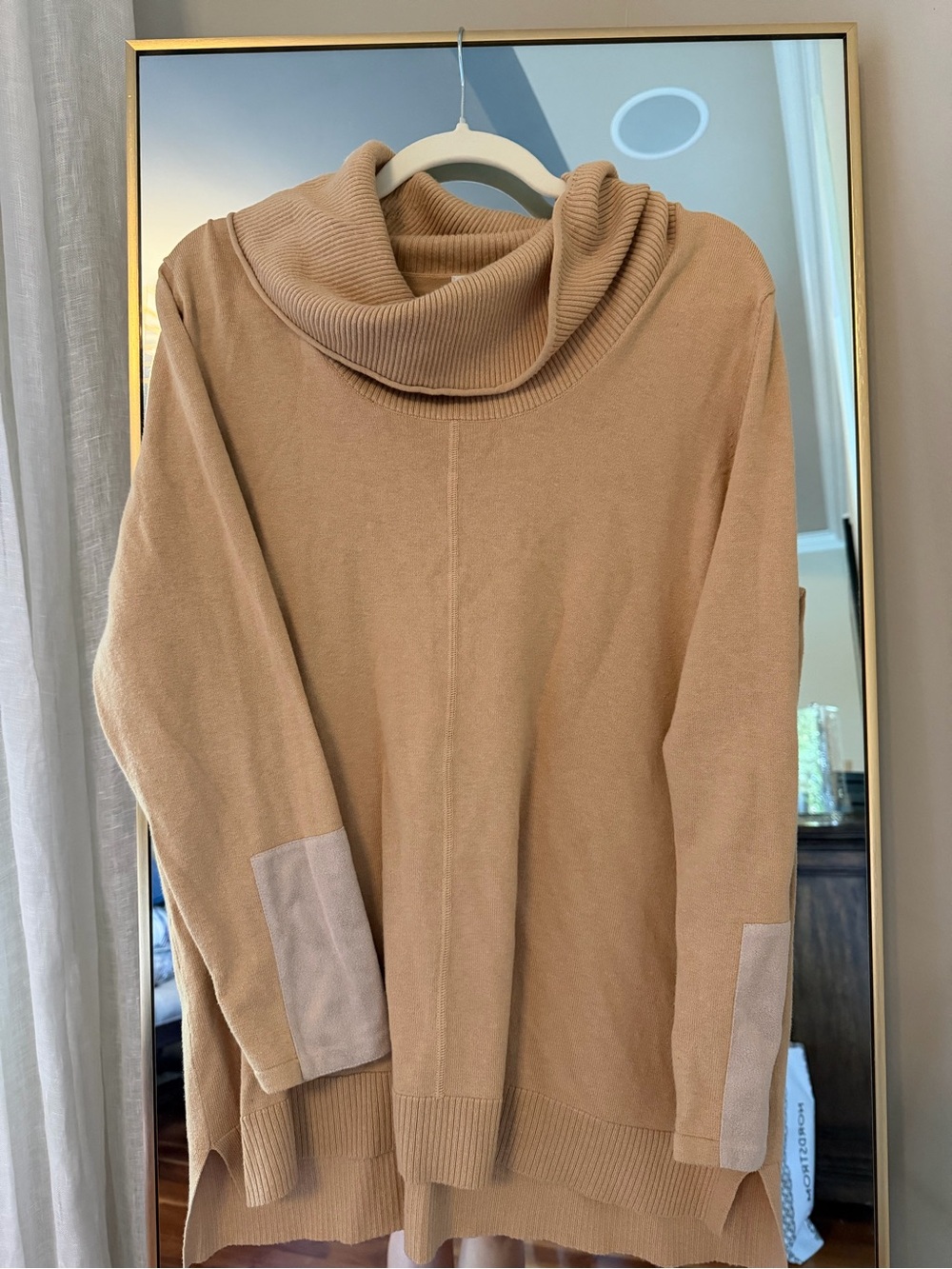 Tyler Boe Camel Cowl Neck Sweater with Elbow Patches